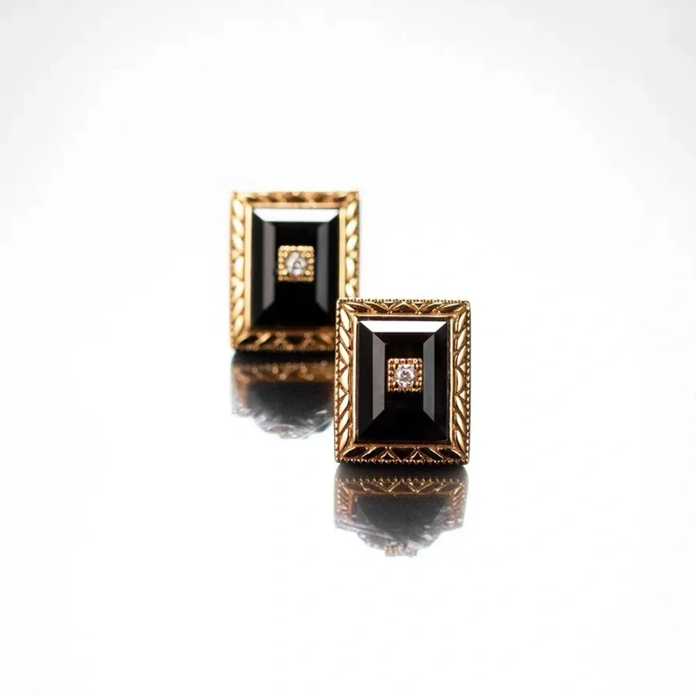 Premium Gold plated Sterling silver black Onyx studs - Picture 1 of 5